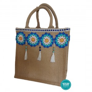 Small Jute Bag with Crochet Decorations - Turquoise